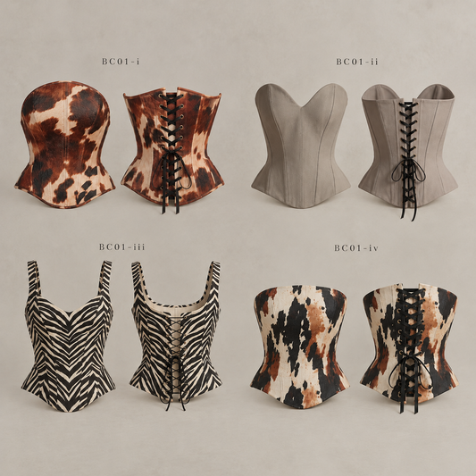 BC01 four corset designs, front and back, neutral editorial background